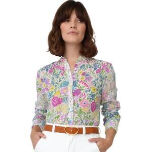 Banjanan White Alfreda Cotton Floral Print Button Down Shirt